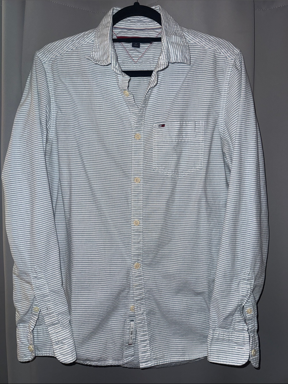 Tommy Hilfiger White with Light Blue Thin Stripe Men's Button-Down Shirt